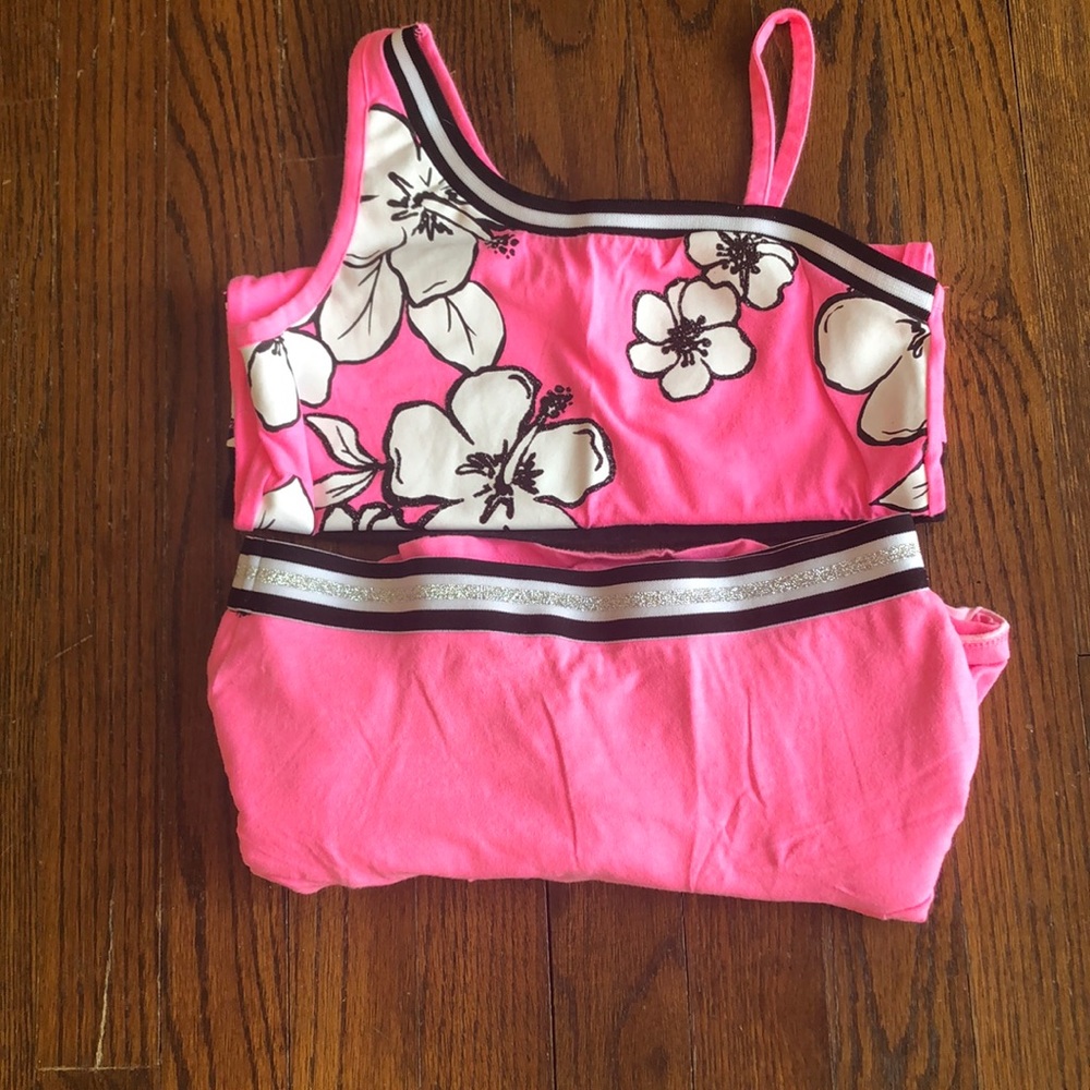 Justice pink, black and white tank top, skirt set